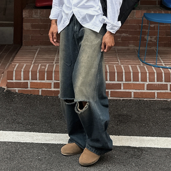[UNISEX]ヴィンテージウォッシュダメージデニムパンツ