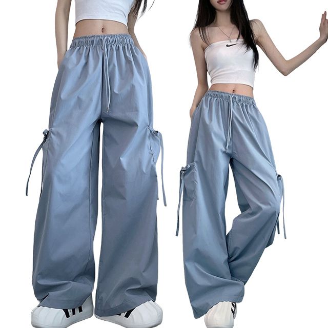 (4color)リボンシャーリングカーゴポケットナイロンワイドトレーニングパンツ