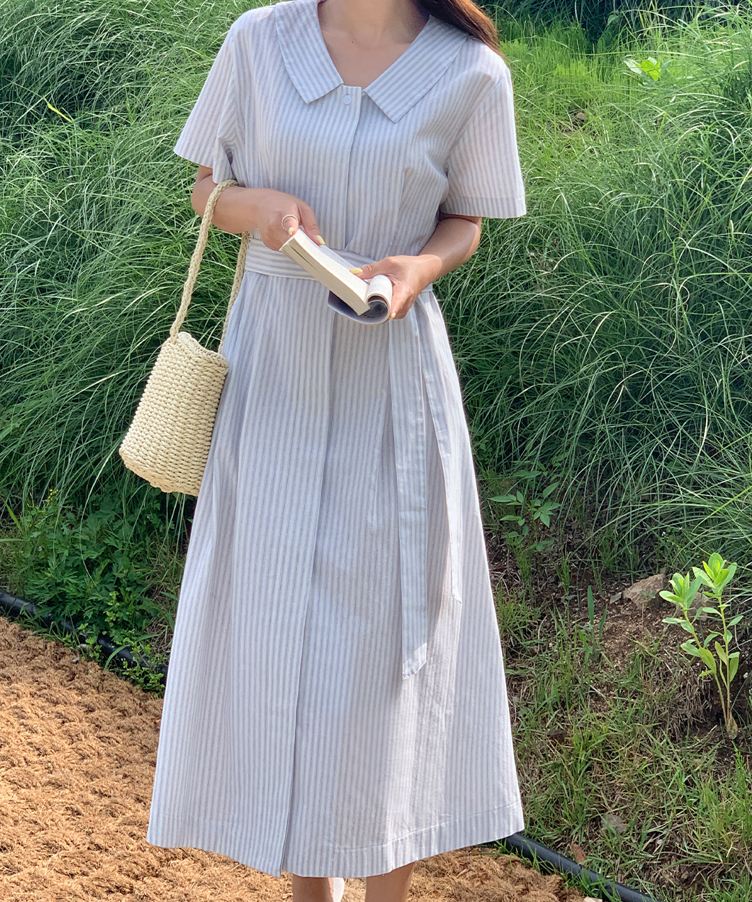 【オケージョン】[original/S-XL]タック入リストライプ半袖ワンピース