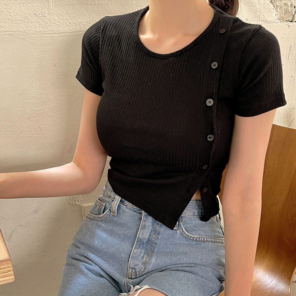 ◆ ◆ スリム クロップド丈 リブ 半袖Tシャツ クロップド丈リブ襟付き半袖Tシャツ レディース クロップド丈t