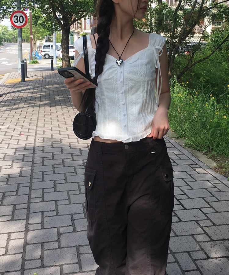 ブラウス シャツ ストラップフラワーリボン柄フレンチスリーブブラウス レディース ストラップフラワーリボン柄フレンチスリーブブラウス