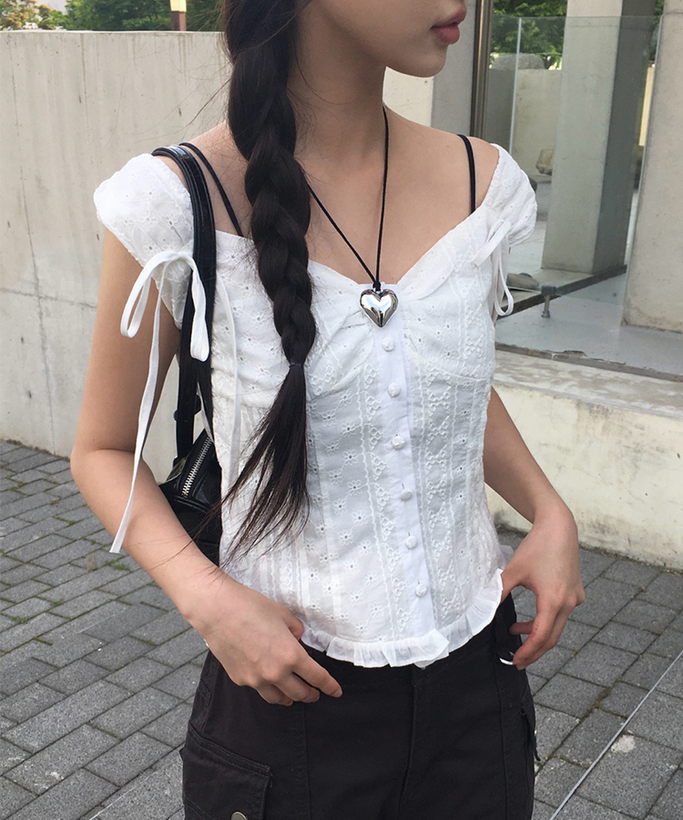 ブラウス シャツ ストラップフラワーリボン柄フレンチスリーブブラウス レディース ストラップフラワーリボン柄フレンチスリーブブラウス