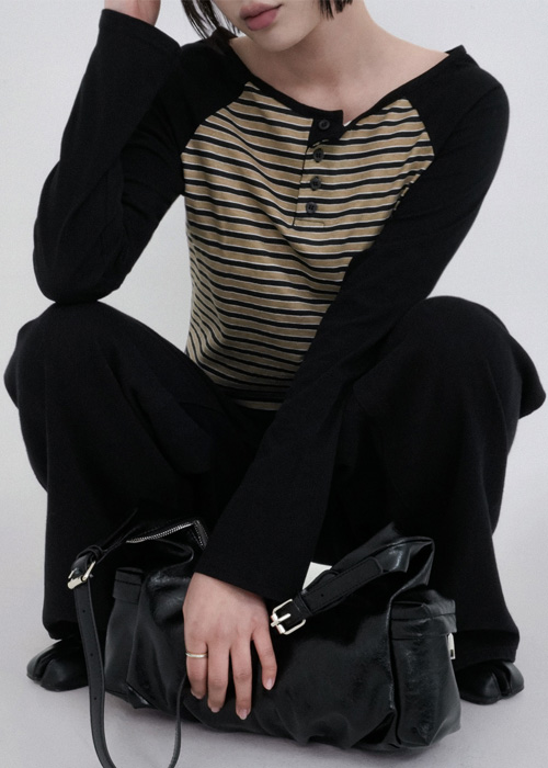 (High quality !) ラグラン ヘンリーネック ボーダー 長袖 Tシャツ