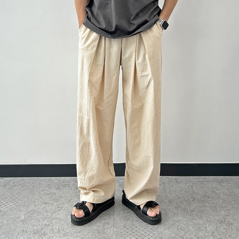 リネンワイドタック入りゴムパンツ