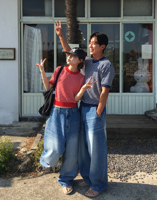 UNISEX)バックゴムタック入りバルーンデニムパンツ