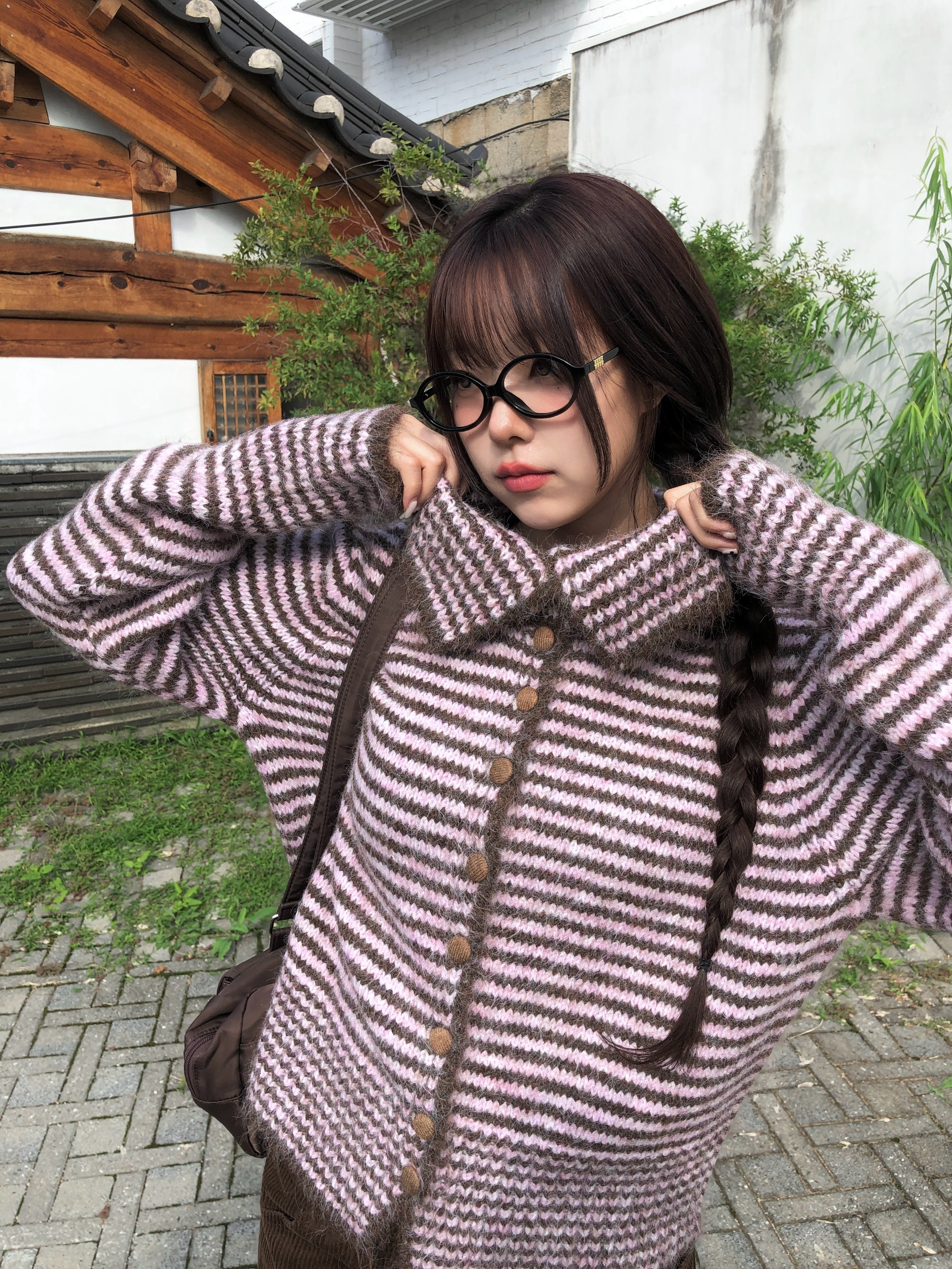 ビッグカラーボーダー配色ニットカーディガン