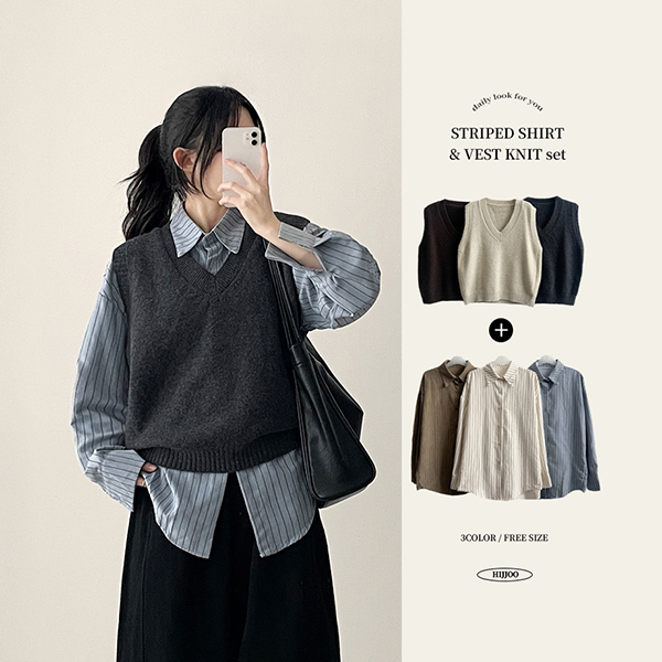 (set)(3color)ストライプ ボーダーシャツニットベストセット