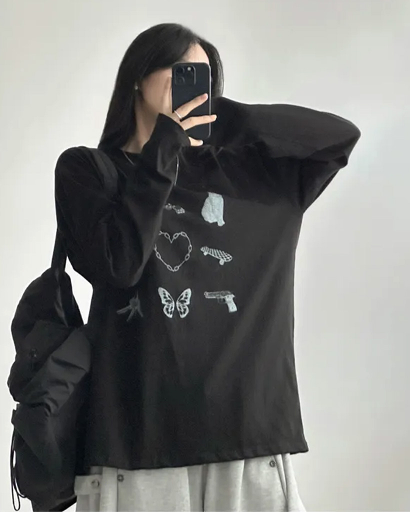 オーバーサイズストリートプリント長袖Tシャツ | ファッション