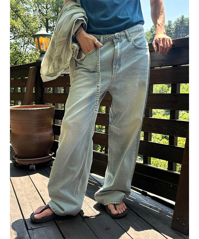 S/S] Belt thin wide denim pants(2color) | ファッション通販