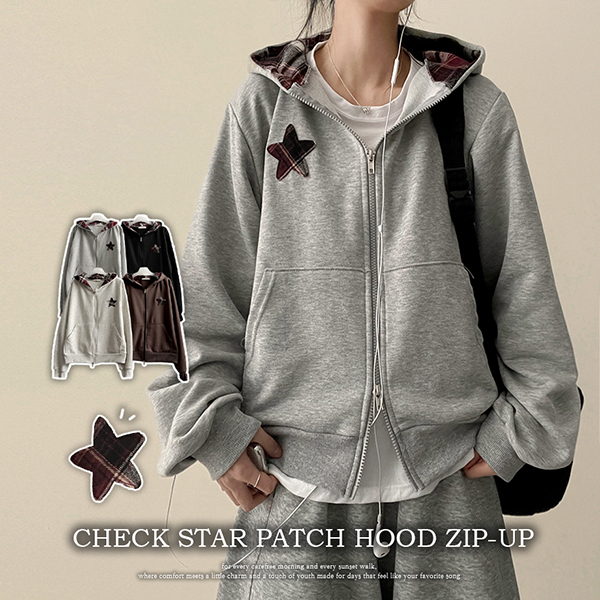 (4color)チェックパッチスター ジップアップパーカー