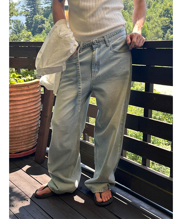 S/S] Belt thin wide denim pants(2color) | ファッション通販