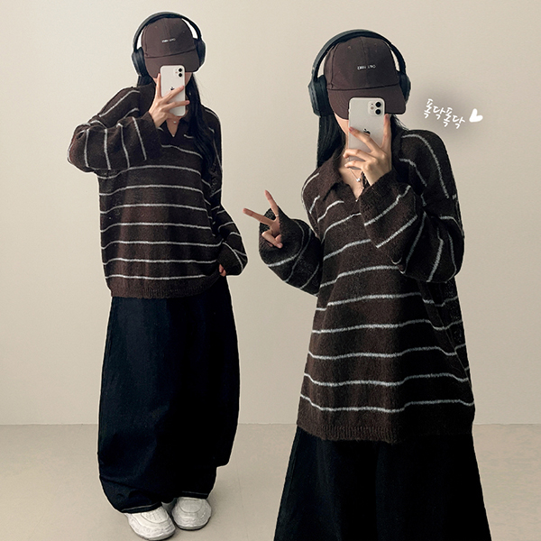 ボーダールーズフィットウールカラーニット | ファッション通販