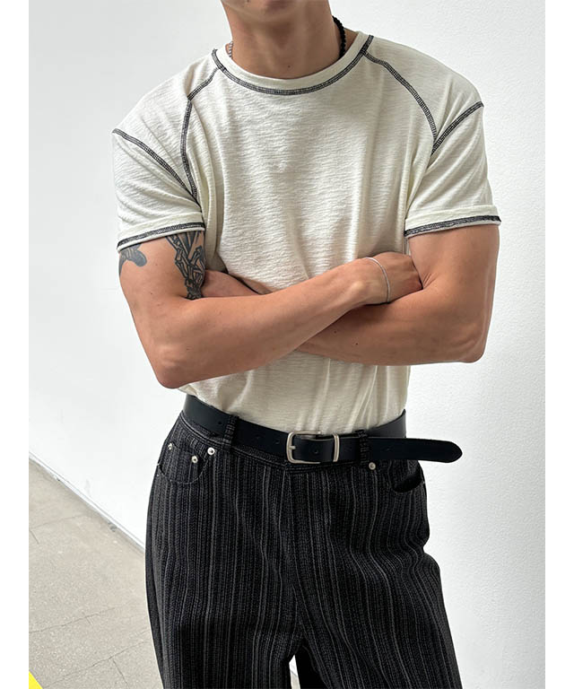 MUSCLE FIT] Stitch line half t-shirts(4color) | ファッション