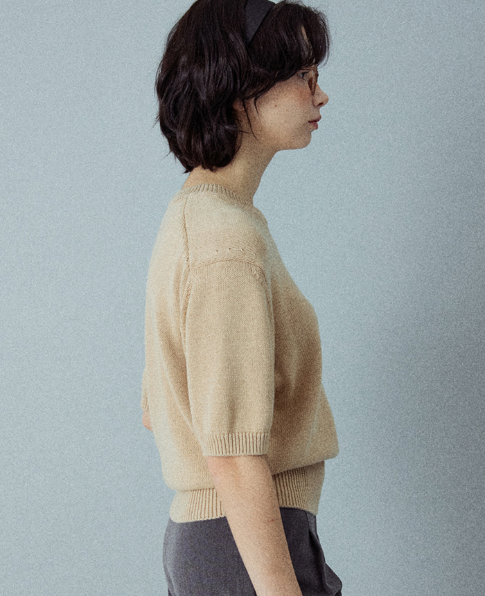 森の風」コットン100％ やわらか半袖ラウンドニットトップ（ベージュ S