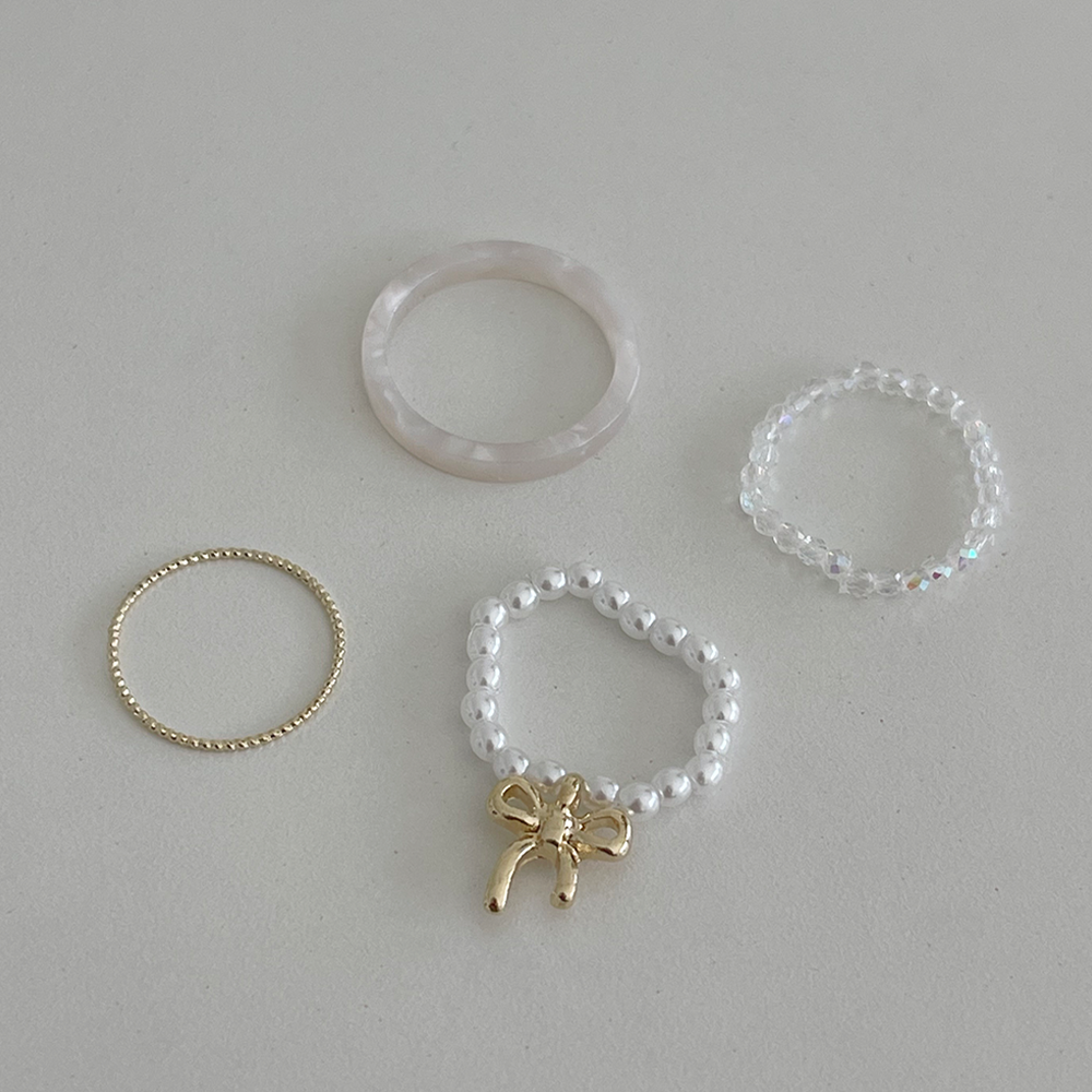 [4点セット] リボンパールビーズレイヤードリングセット(2color)