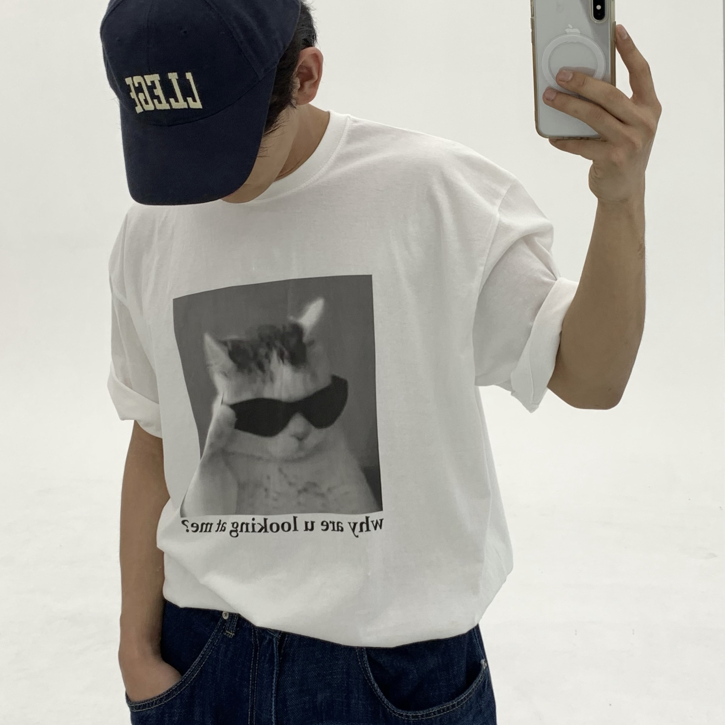 猫三ページ 352134：パリティーのねこアップリケ バイカラーシャツの通販-ScoLar