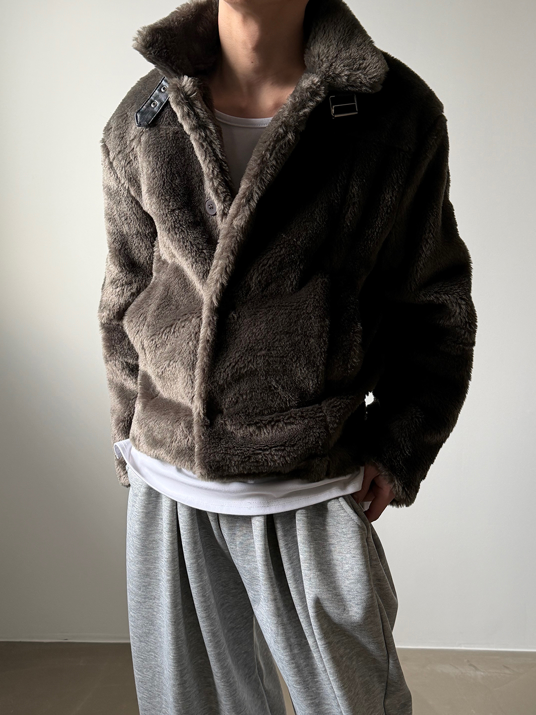 (3color) レザーライン ファー ムートンジャケット