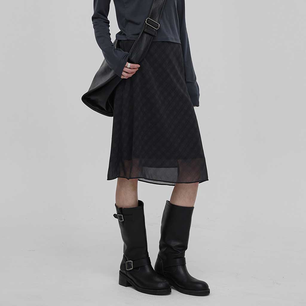 メロンチェックシフォンミディスカート