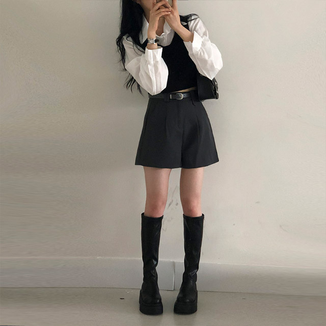 3color/ベルトセット]タック入りスラックスショートパンツ