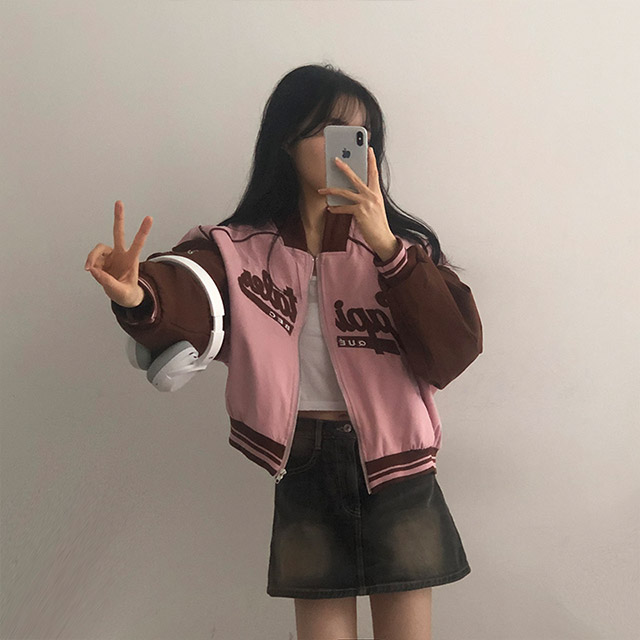 y2kバイカラーレタリングスタジャンジャケット | ファッション