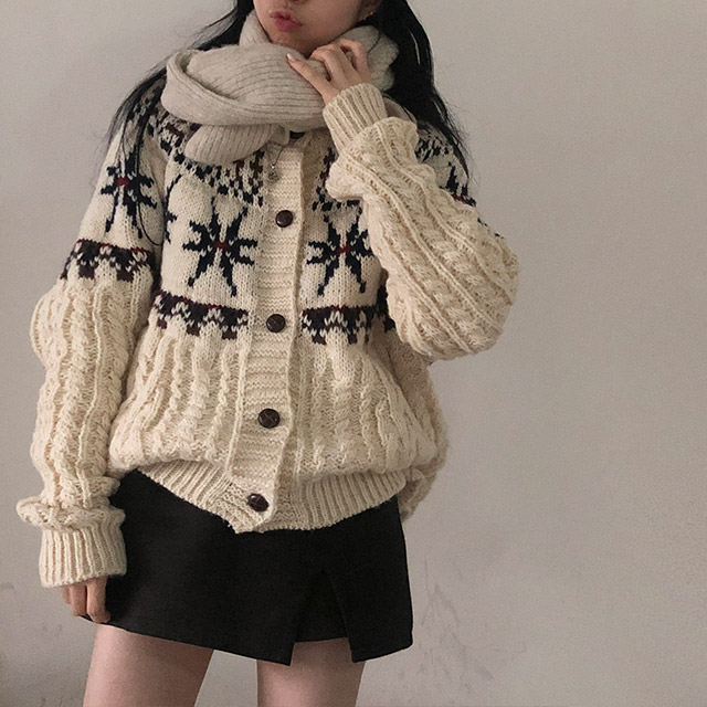 kalinka ニットカーディガン 雪花ノルディック柄ニットカーディガン | ファッション通販