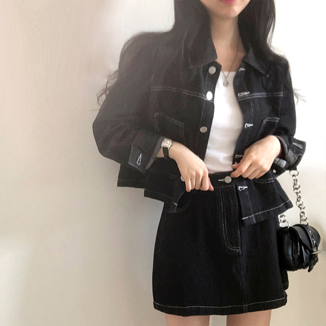 2ピース]ステッチローデニムジャケット＋デニムスカート