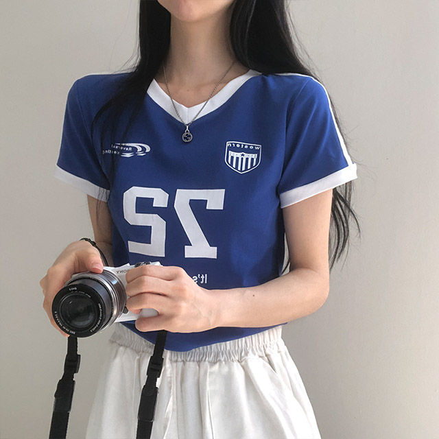 6color]y2kスポーティークロップドウエスタンバイカラーVネック