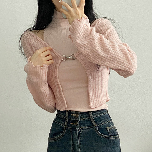 3color/set] ボレロバックルクロップドカーディガン＋タートルネック