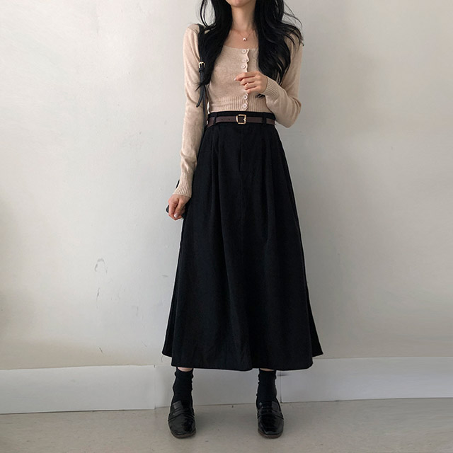 3color／ベルトセット]コーデュロイリブロングタック入りフレア