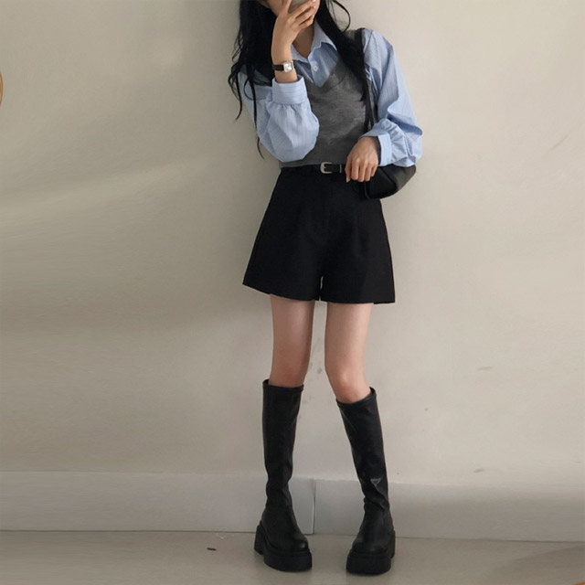 3color/ベルトセット]タック入りスラックスショートパンツ