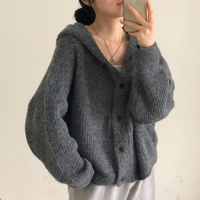 ルーズフィットフード付きニットカーディガン | ファッション