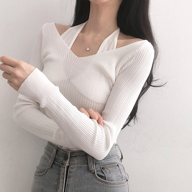 d.i.a. ホルターネック 4color]一体型ホルターネックスリムVリブニット | ファッション通販