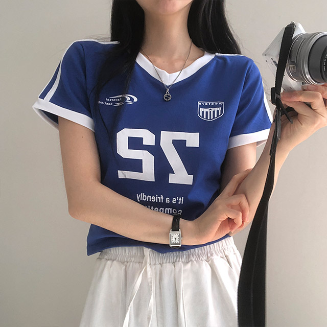 6color]y2kスポーティークロップドウエスタンバイカラーVネック
