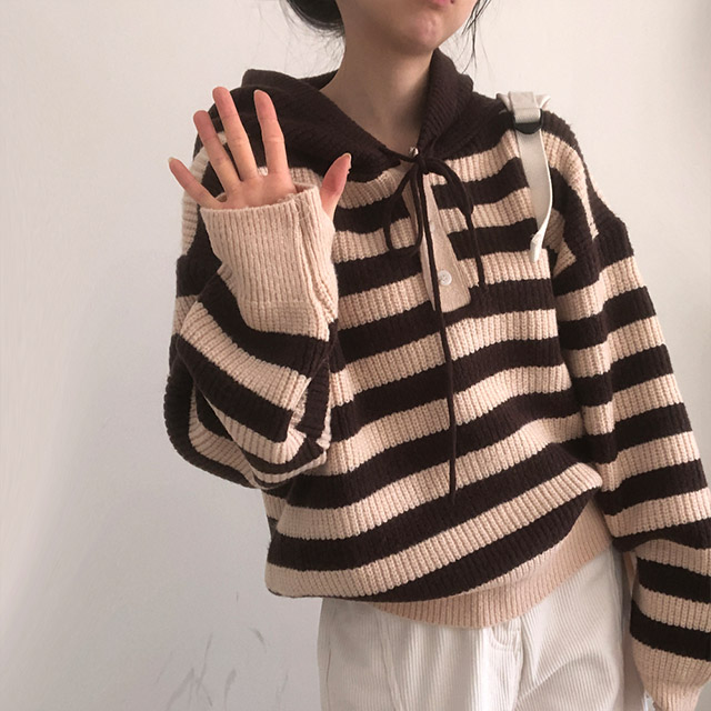 ルーズフィットボーダーニットフードパーカー | ファッション