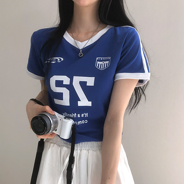 専用⭐︎2点　ダブルクロスVネックTee Tシャツ 6color]y2kスポーティークロップドウエスタンバイカラーVネック