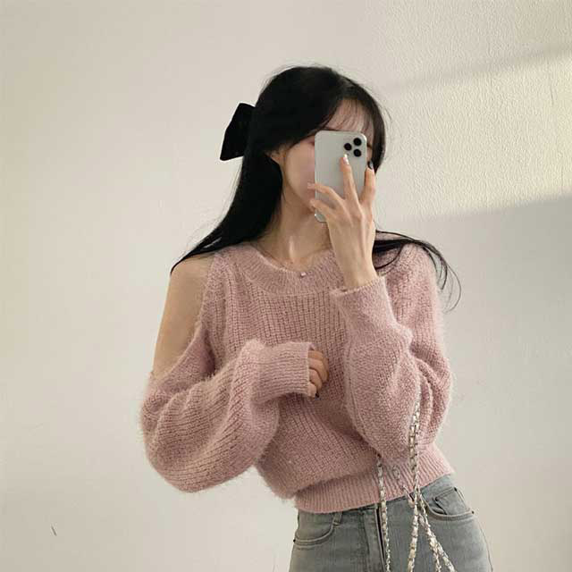 【SELF-PORTRAIT】カーキカットアウトリブニットミニドレス 新作 2color 】カットアウトリボンショートリブニット ／ cut out