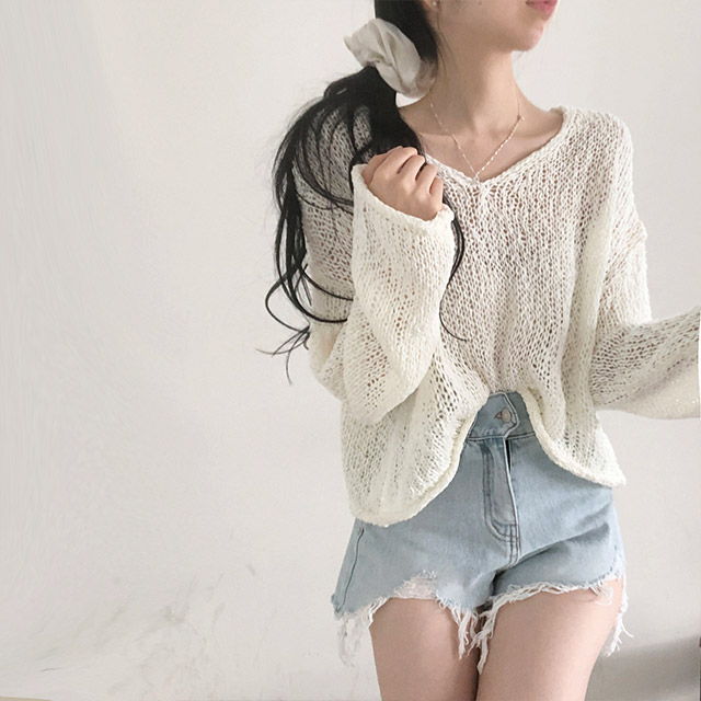 minmiアナイ、メッシュVネック半袖ニット メッシュ編みニット Vネックサマーニット[品番：II000010539