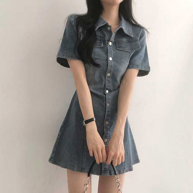 (short/long)スパン半袖デニムポケットリボンワンピース
