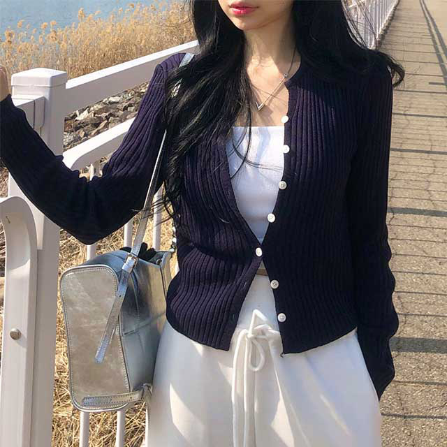 リブスリットボタンカーディガン