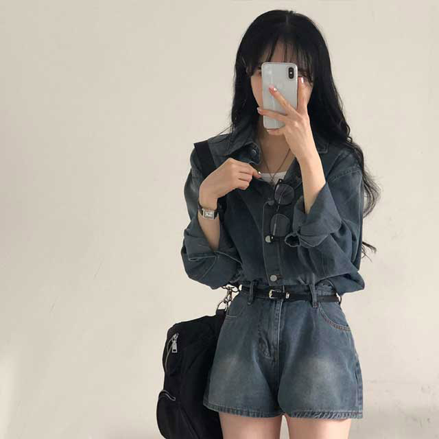 [セットアップ]ヴィンテージウォッシュデニムシャツ＋ショートパンツセット