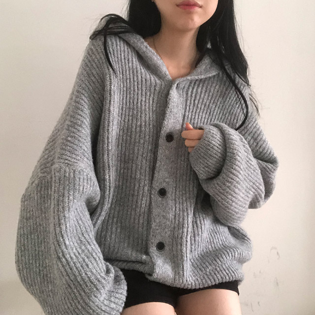 ルーズフィットフード付きニットカーディガン | ファッション