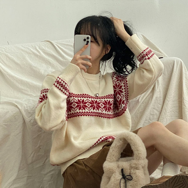 3color)ノルディック柄ラウンドニット | ファッション通販サイト NUGU