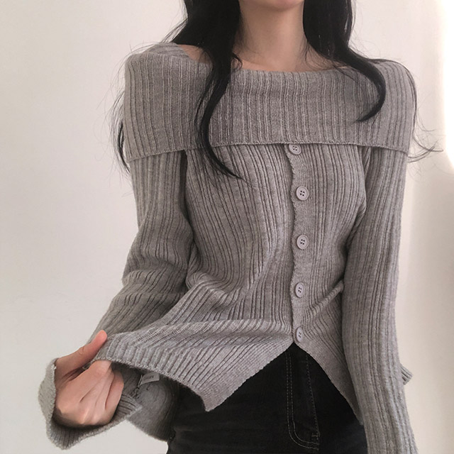 【THEAIRTOWN】オフショル ボタン スリット トップス 2color 】シャーリングフロントスリットオフショルトップス