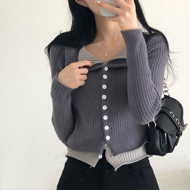 バイカラーレイヤードボタンカーディガン | ファッション通販