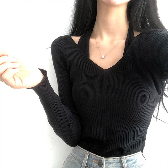 4color]一体型ホルターネックスリムVリブニット | ファッション通販