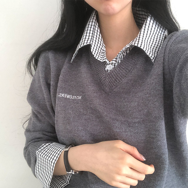レイヤードチェックシャツカラーVネックニット | ファッション通販