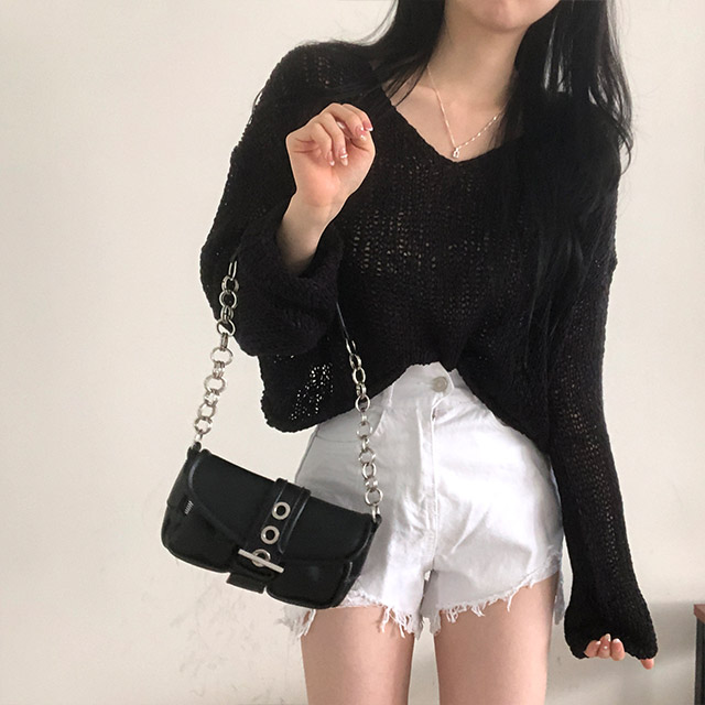 ハンドメイドv ハイツイストコットンスキャタードフラワー刺繍Vネックニット