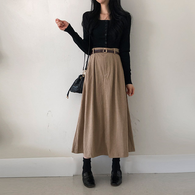 3color／ベルトセット]コーデュロイリブロングタック入りフレア