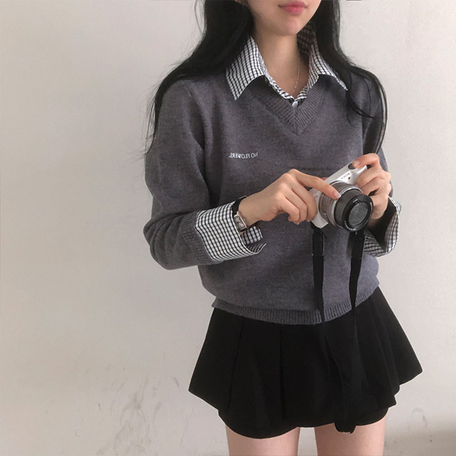 レイヤードチェックシャツカラーVネックニット | ファッション通販