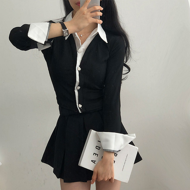 ♡　No.4 ハート白変更 一体型バイカラーハートボタンシャツカーディガン | ファッション通販